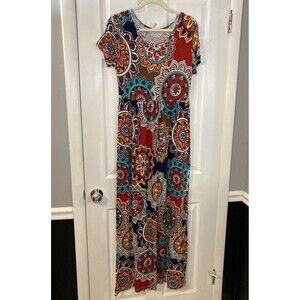 Viishow Multicolor Floral Bohemian Ruched Stretch Maxi Dress Round Neck L
